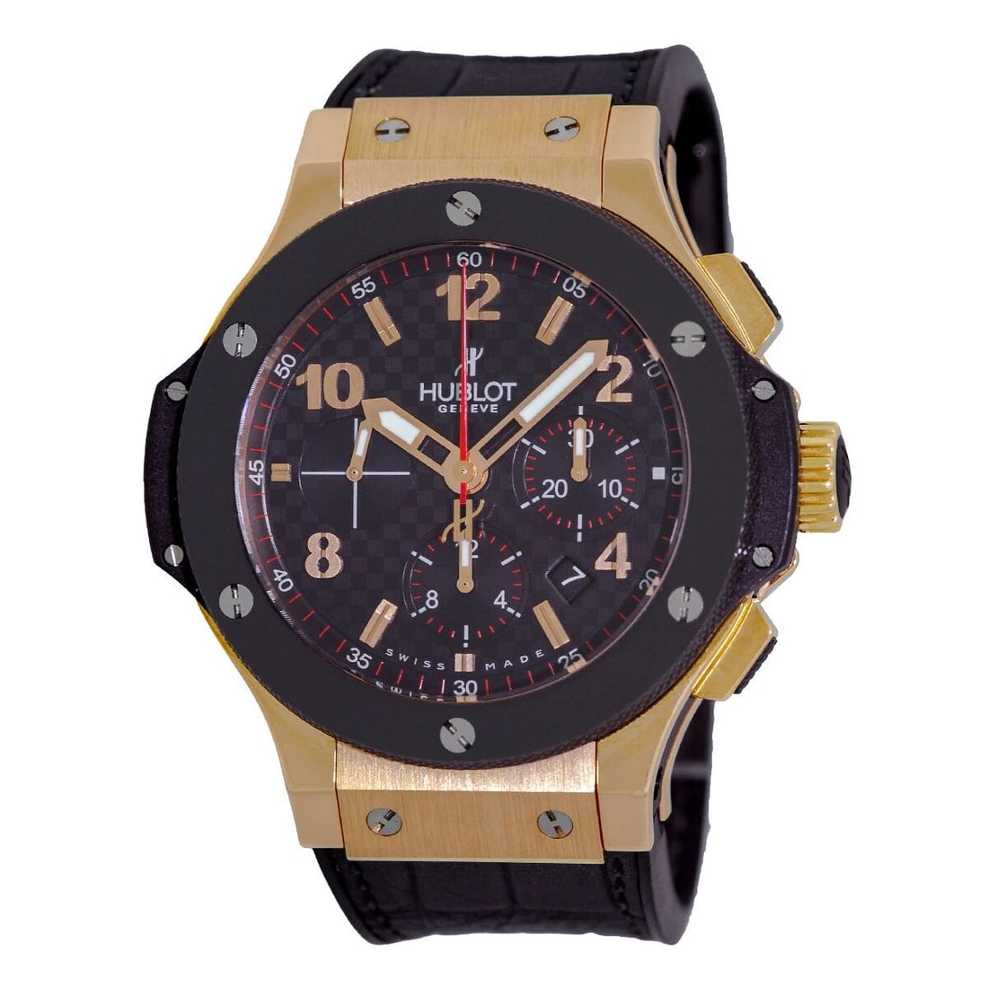 HUBLOT 44MM 18K ROSE GOLD & CERAMIC HUBLOT BIG BANG CHRONOGRAPH 301.PB.131.RX: HUBLOT 44MM 18K ROSE GOLD & CERAMIC HUBLOT BIG BANG CHRONOGRAPH 301.PB.131.RX HUBLOT 44mm 18K Rose Gold & Ceramic Hublot "Big Bang" Chronograph Warranty Gent's HUBLOT 44mm 18K Rose Gold & Ceramic Hubl