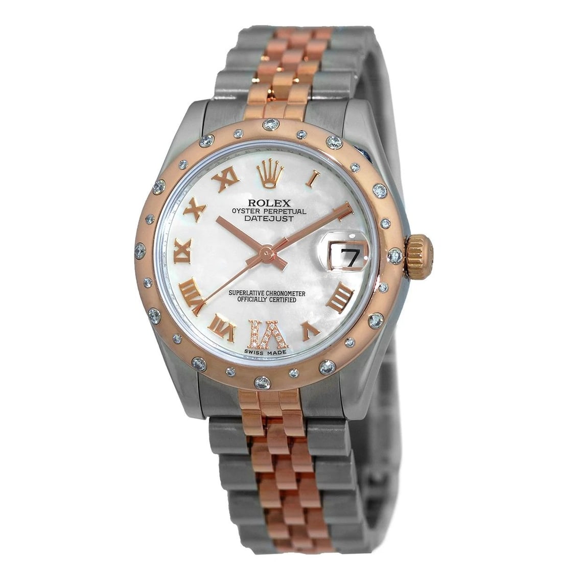 ROLEX STAINLESS STEEL & 18K ROSE GOLD 31MM DATEJUST FACTORY DIAMOND BEZEL 178341: ROLEX STAINLESS STEEL & 18K ROSE GOLD 31MM DATEJUST FACTORY DIAMOND BEZEL 178341 BRAND: Rolex Model: Datejust Reference No: 178341 Case Measurements: Case Diameter: 31mm Case Thickness: 10.5mm Water R