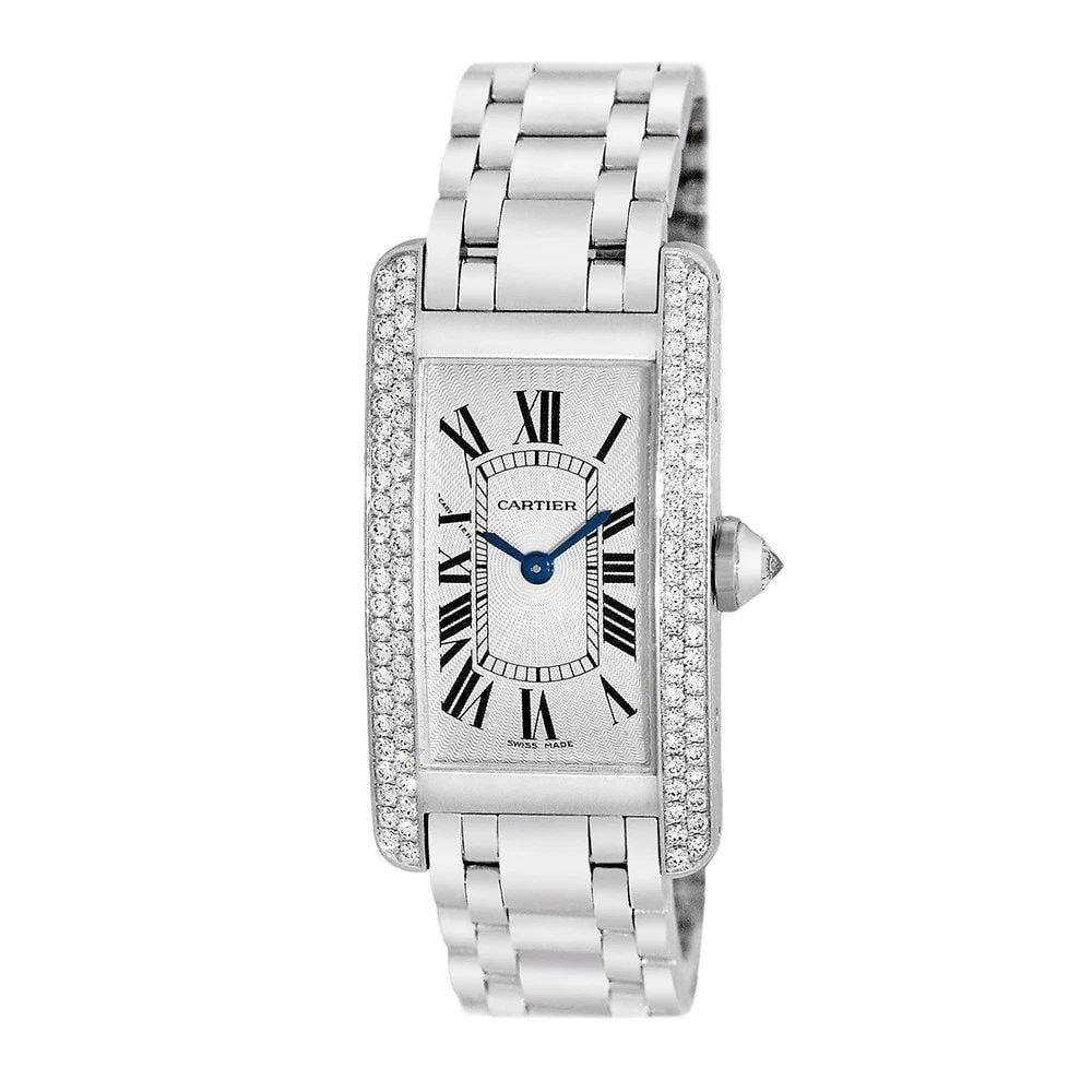 CARTIER 18K WHITE GOLD 19MM TANK AMERICAINE WB7073L1-1713 BOX WARRANTY: CARTIER 18K WHITE GOLD 19MM TANK AMERICAINE WB7073L1-1713 BOX WARRANTY BRAND: Cartier Model: Tank Américaine Reference No: WB7073L1 - 1713 Gender: Lady's Movement: Swiss Quartz Accuracy Movement Case