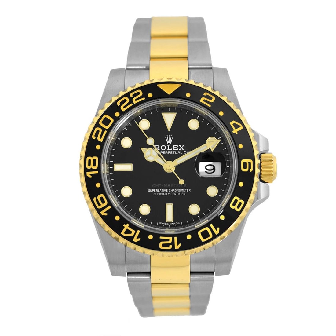 ROLEX STEEL & 18K YELLOW GOLD 40MM CERAMIC GMT MASTER II 116713LN 2017WARRANTY: ROLEX STEEL & 18K YELLOW GOLD 40MM CERAMIC GMT MASTER II 116713LN 2017WARRANTY BRAND: Rolex Model: GMT-Master II Reference No: 116713LN Case Measurements: Case Diameter: 40mm Case Thickness: 12mm Wate