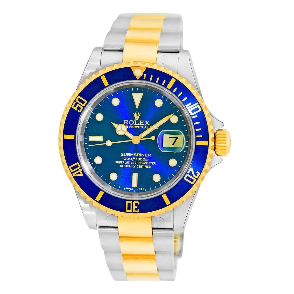 ROLEX STAINLESS STEEL & 18K YELLOW GOLD 40MM SUBMARINER 16613 BOX WARRANTY NEW: ROLEX STAINLESS STEEL & 18K YELLOW GOLD 40MM SUBMARINER 16613 BOX WARRANTY NEW BRAND: Rolex Model: Submariner Reference No: 16613 Gender: Gent’s Movement: Handmade Swiss Chronometer Certified (COSC)