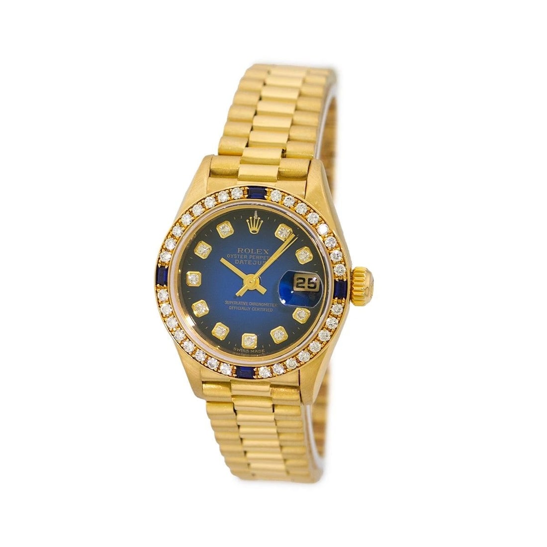 ROLEX 18K YELLOW GOLD FACTORY DIAMOND DATEJUST PRESIDENT 79138 BOX WARRANTY: ROLEX 18K YELLOW GOLD FACTORY DIAMOND DATEJUST PRESIDENT 79138 BOX WARRANTY BRAND: Rolex Model: Datejust President Reference No: 79138 Case Measurements: Case Diameter: 26mm Case Thickness: 10mm Water