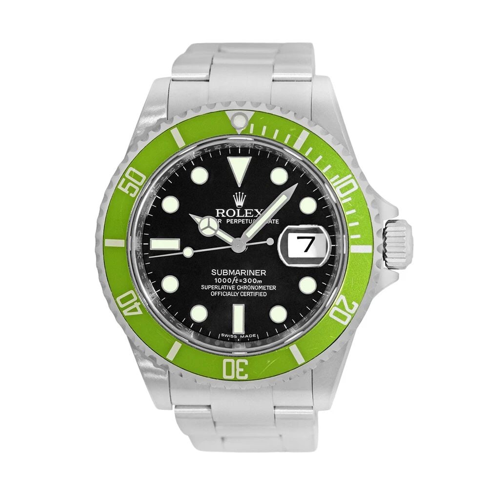 ROLEX STEEL 40MM SUBMARINER KERMIT DATE GREEN BEZEL 16610T BOX WARRANTY MINTY: ROLEX STEEL 40MM SUBMARINER KERMIT DATE GREEN BEZEL 16610T BOX WARRANTY MINTY ROLEX Stainless Steel 40mm Submariner Kermit Date Green Bezel 16610T Box Warranty MINTY Pre-Owned Gent's Stainless Steel 4