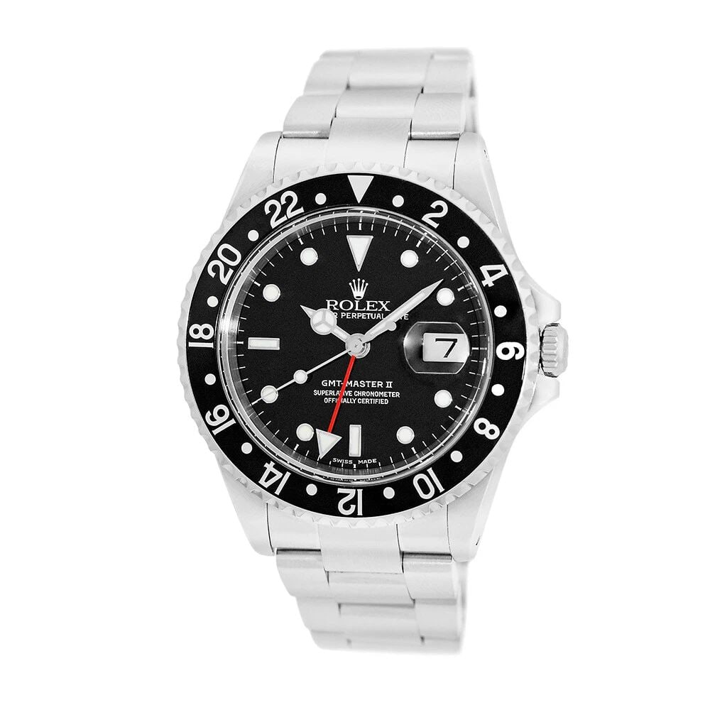 ROLEX STAINLESS STEEL 40MM GMT-MASTER II 16710 BOX LIFETIME WARRANTY MINTY: ROLEX STAINLESS STEEL 40MM GMT-MASTER II 16710 BOX WARRANTY PAPERS Brand: Rolex Model: GMT Master II Reference No: 16710 Gender: Gent’s Movement: Handmade Swiss Chronometer Certified (COSC) Automati
