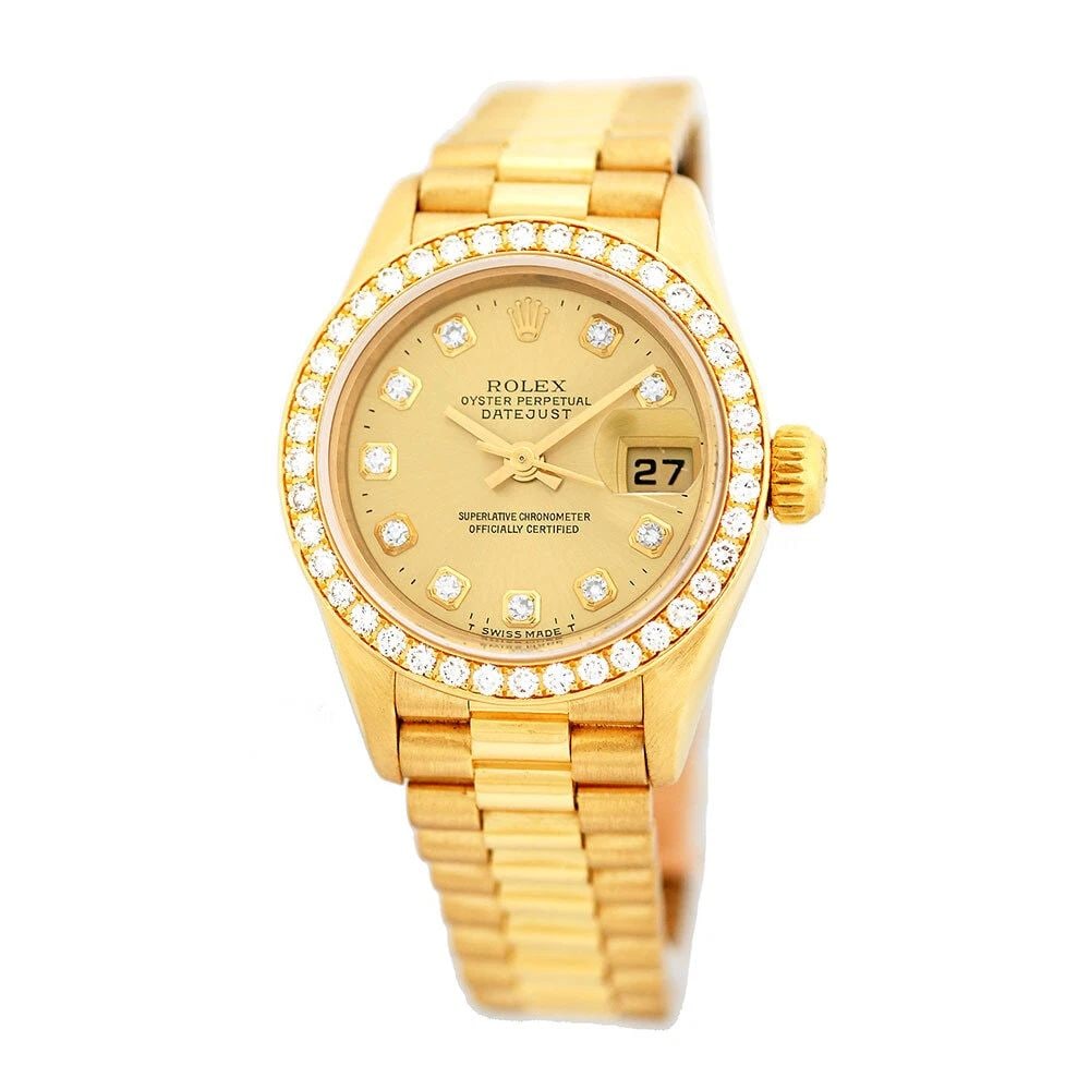 ROLEX LADY'S 18K YELLOW GOLD 26MM DATEJUST PRESIDENT 69138 BOX WARRANTY: ROLEX LADY'S 18K YELLOW GOLD 26MM DATEJUST PRESIDENT 69138 BOX WARRANTY ROLEX 18K Yellow Gold 26mm Factory Diamond President 69138 Pre-Owned Lady's 18K Yellow Gold 26mm Rolex "President" Brand: Rolex 