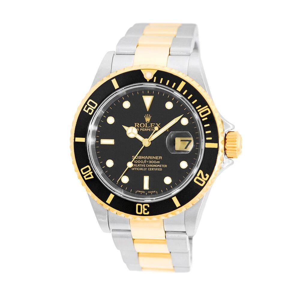 ROLEX STEEL & 18K YELLOW GOLD 40MM SUBMARINER BLACK 16613N BOX WARRANTY 16613: ROLEX STEEL & 18K YELLOW GOLD 40MM SUBMARINER BLACK 16613N BOX WARRANTY 2007 Brand: Rolex Model: Submariner Date Reference No: 16613N Gender: Gent’s Movement: Handmade Swiss Chronometer Certified (C