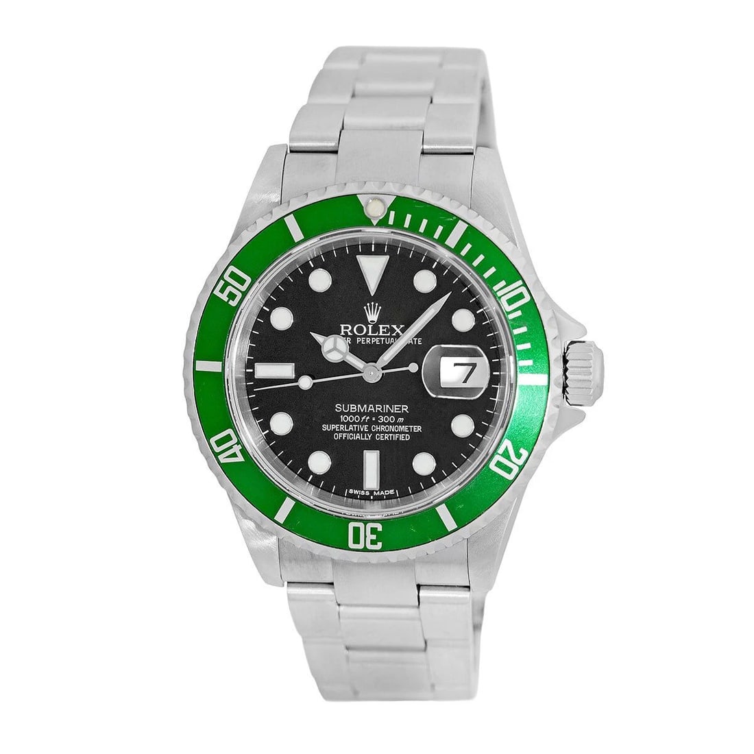 ROLEX STEEL 40MM SUBMARINER KERMIT DATE GREEN BEZEL 16610T BOX WARRANTY MINTY (1 of 2)
