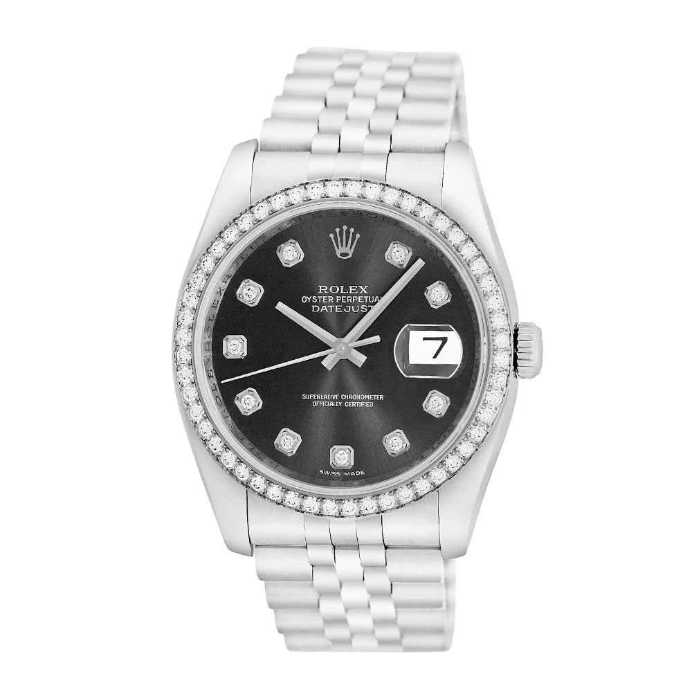 ROLEX STAINLESS STEEL 36MM DATEJUST FACTORY DIAMOND 116244 BOX WARRANTY MINTY: ROLEX Stainless Steel 36mm Datejust Factory Diamond 116244 Box Warranty MINTY Certified Pre-Owned Gent's Stainless Steel 36mm Rolex "Datejust" Item #: CT47966 BRAND Rolex Model: Datejust Reference No: