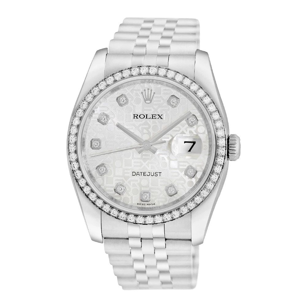 ROLEX STAINLESS STEEL 36MM DATEJUST FACTORY DIAMOND 116244 BOX WARRANTY MINTY: ROLEX Stainless Steel 36mm Datejust Factory Diamond 116244 Box Warranty MINTY Certified Pre-Owned Gent's Stainless Steel 36mm Rolex "Datejust" Item #: CT47966B BRAND Rolex Model: Datejust Reference No