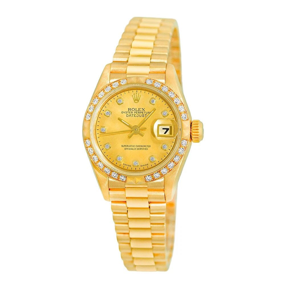 ROLEX 18K YELLOW GOLD 26MM FACTORY DIAMOND DATEJUST PRESIDENT 69268 BOX WARRANTY: ROLEX 18K YELLOW GOLD 26MM FACTORY DIAMOND DATEJUST PRESIDENT 69268 BOX WARRANTY ROLEX 18K Yellow Gold 26mm Factory Diamond Datejust President 69268 Pre-Owned Lady's 18K Yellow Gold 26mm Rolex Datejus