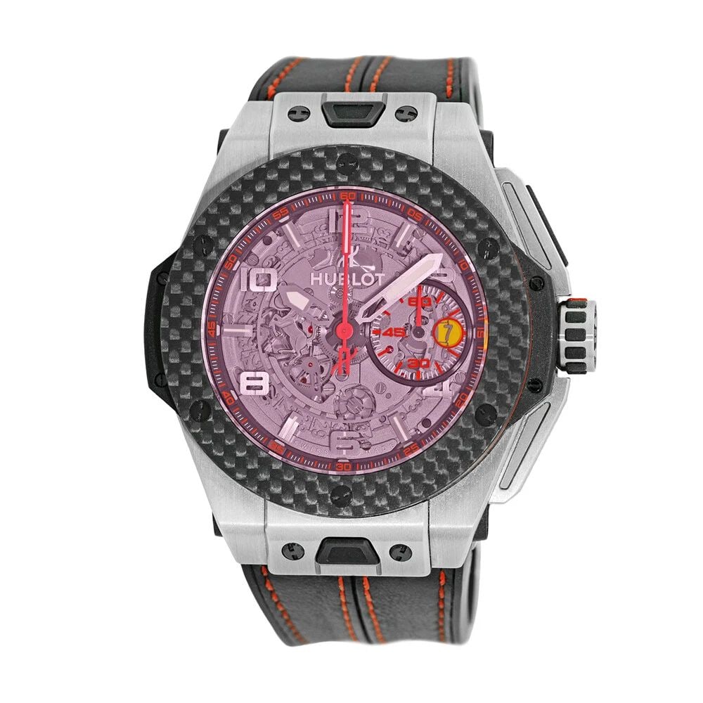 HUBLOT TITANIUM / BLACK CARBON FIBER 45MM BIG BANG UNICO FERRARI 401.NQ.0123.VR: HUBLOT TITANIUM / BLACK CARBON FIBER 45MM BIG BANG UNICO FERRARI 401.NQ.0123.VR HUBLOT Limited Titanium / Black Carbon Fiber 45mm Big Bang UNICO Ferrari 401.NQ.0123.VR Gent's Limited Edition Titanium 