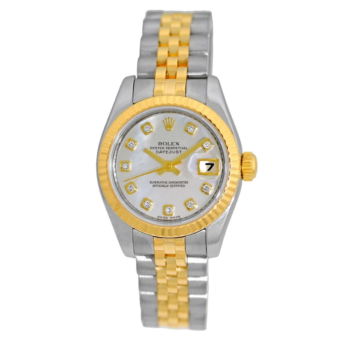 ROLEX STEEL & 18K YELLOW GOLD 26MM DATEJUST MOP DIAMOND DIAL 179173 BOX WARRANTY: ROLEX STEEL & 18K YELLOW GOLD 26MM DATEJUST MOP DIAL 179173 BOX WARRANTY ROLEX Stainless Steel & 18K Yellow Gold 26mm Datejust Factory Diamond Dial 179173 Box Warranty Pre-Owned Lady's Stainless Steel
