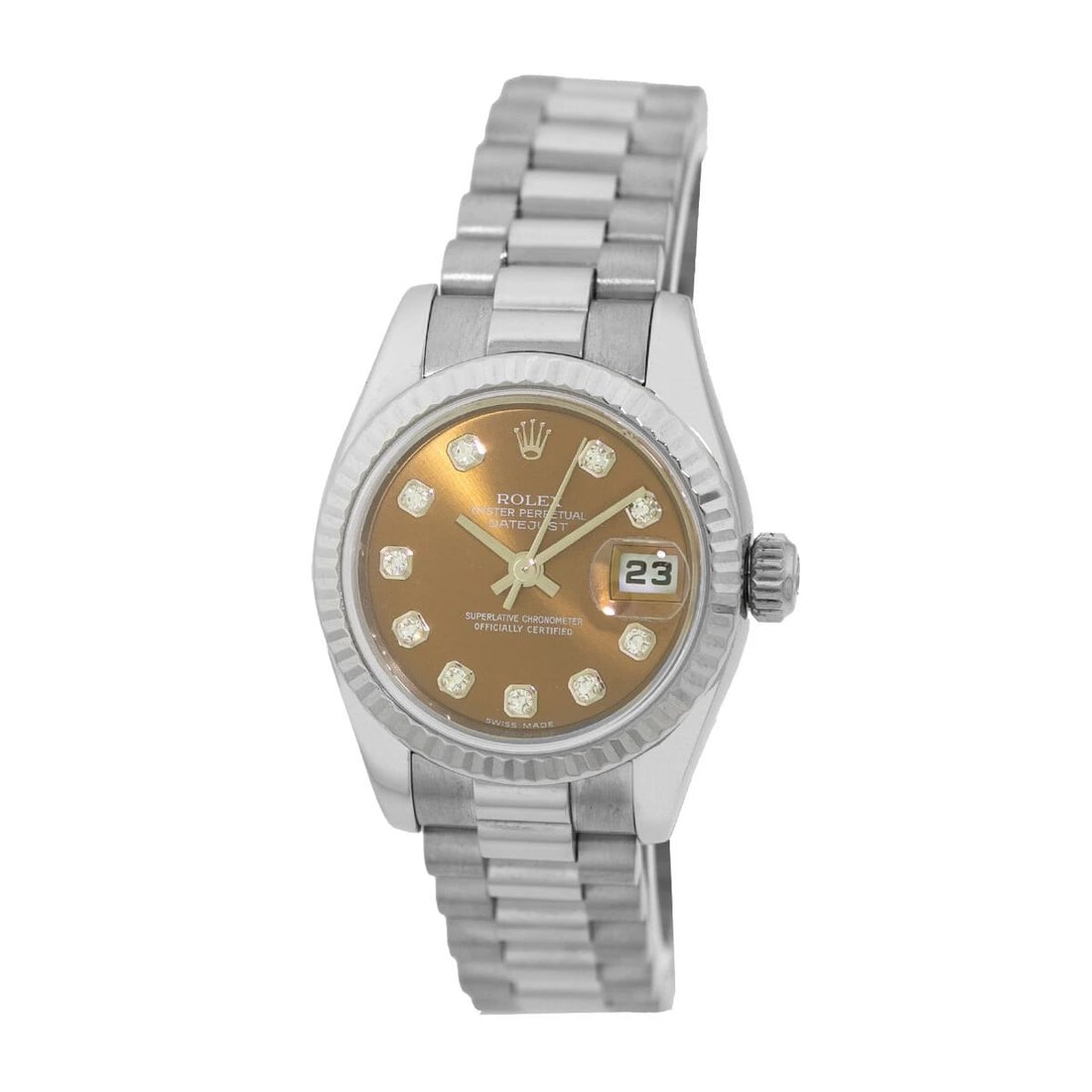 ROLEX 18K WHITE GOLD 26MM PRESIDENT DIAMONDS 179179 LIFETIME WARRANTY BOX MINTY: ROLEX 18K WHITE GOLD 26MM PRESIDENT DIAMONDS 179179 LIFETIMEWARRANTY BOX MINTY ROLEX 18K White Gold 26mm Diamond President 179179 Box Warranty MINTY Pre-Owned Lady's 18K White Gold 26mm Rolex "Preside