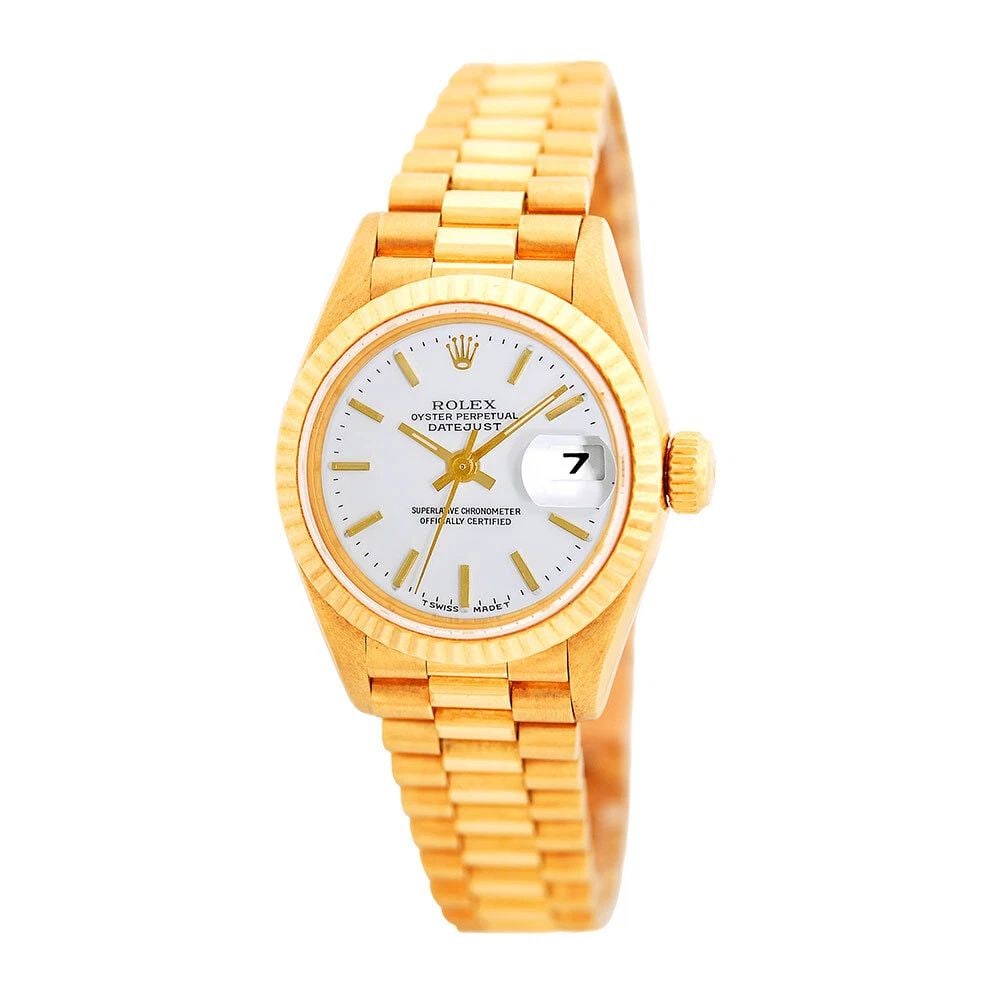 ROLEX 18K YELLOW GOLD 26MM PRESIDENT 69178 BOX LIFETIME WARRANTY: ROLEX 18K YELLOW GOLD 26MM PRESIDENT 69178 BOX WARRANTY ROLEX 18K Yellow Gold 26mm President 69178 BOX Pre-Owned Lady's 18K Yellow Gold 26mm Rolex "President" Brand: Rolex Model: President Case Measur