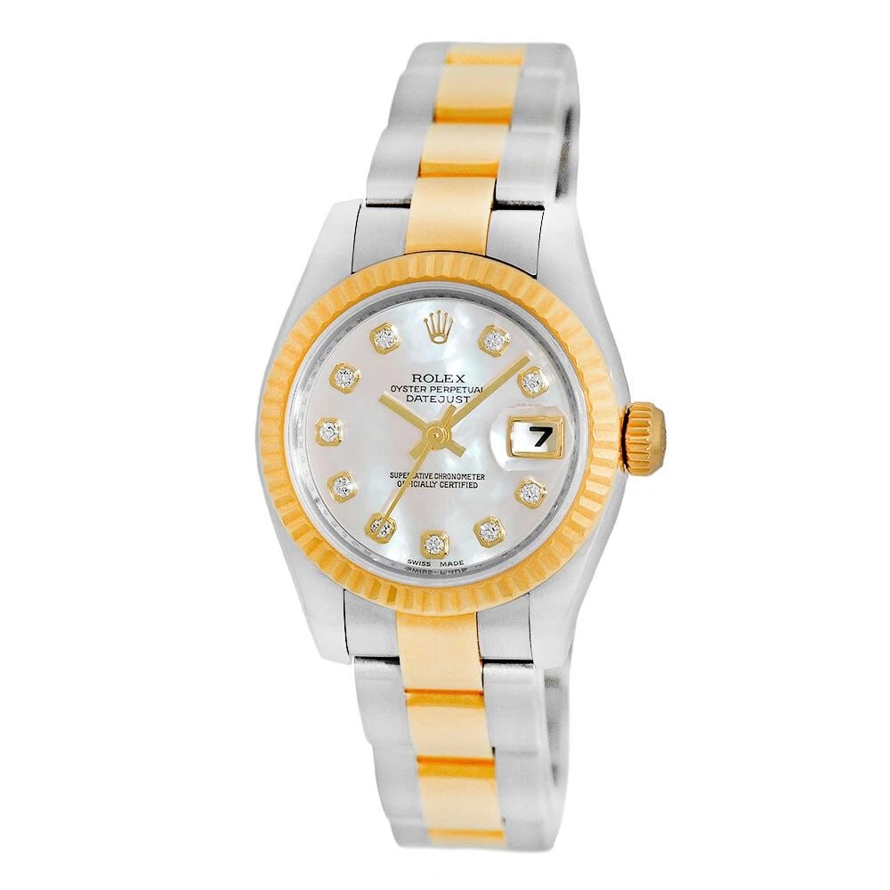 ROLEX STEEL & 18K YELLOW GOLD 26MM DATEJUST MOP DIAL 179173 BOX WARRANTY MINTY: ROLEX STEEL & 18K YELLOW GOLD 26MM DATEJUST MOP DIAL 179173 BOX WARRANTY MINTY ROLEX Stainless Steel & 18K Yellow Gold 26mm Datejust Factory Diamond Dial 179173 Box Warranty Pre-Owned Lady's Stainless