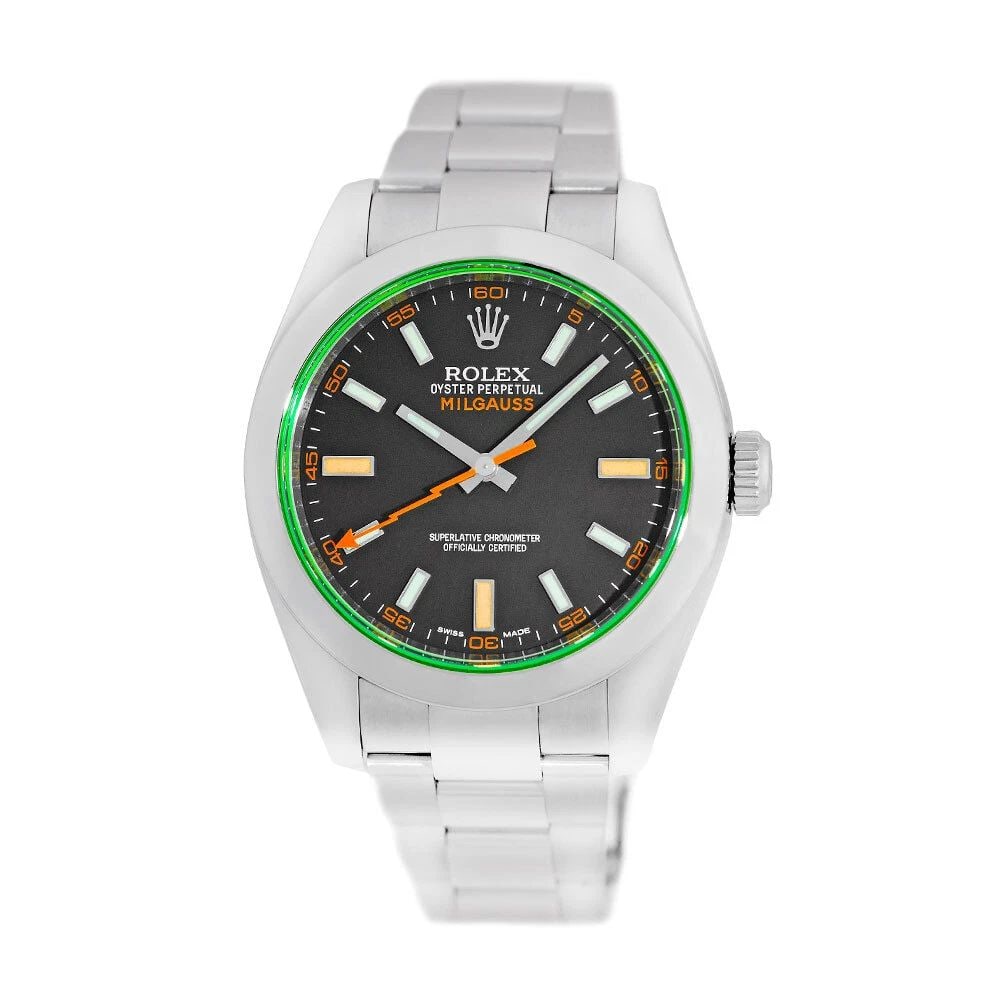 ROLEX STAINLESS STEEL 40MM MILGAUSS GREEN 116400GV BOX WARRANTY 2008 MINTY: ROLEX STAINLESS STEEL 40MM MILGAUSS GREEN 116400GV BOX WARRANTY 2008 MINTY ROLEX Stainless Steel 40mm Green Milgauss 116400GV Box Warranty 2008 Pre-Owned Gent's Stainless Steel 40mm Rolex "Milgauss" A