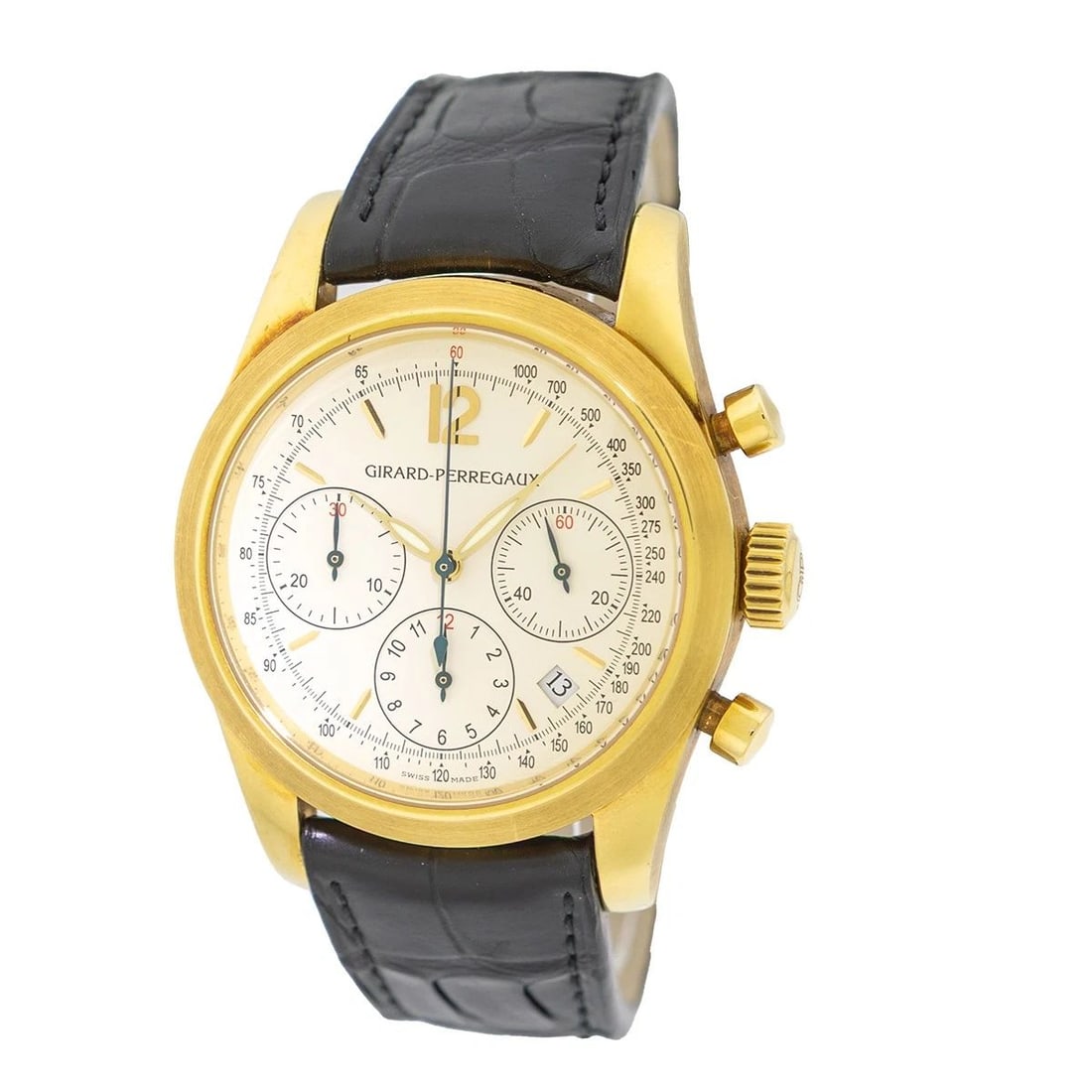 GIRARD PERREGAUX 18K YELLOW GOLD CHRONOGRAPH STRAPWATCH #4956 BOX WARRANTY: GIRARD PERREGAUX 18K YELLOW GOLD CHRONOGRAPH STRAPWATCH #4956 BOX WARRANTY BRAND: Girard Perregaux Model: Chronograph Reference No: 4956 Gender: Gent’s Movement: Handmade Swiss Automatic Movement Ca