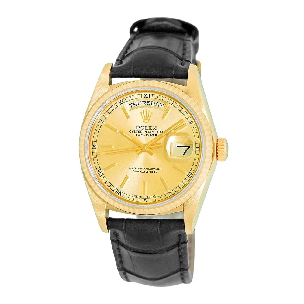 ROLEX 18K YELLOW GOLD 36MM DAY-DATE 18038 BOX WARRANTY: ROLEX 18K YELLOW GOLD 36MM DAY-DATE 18038 BOX WARRANTY BRAND: Rolex Model: Day-Date Reference No: 18038 Case Measurements: Case Diameter: 36mm Case Thickness: 12mm Water Resistance: 100m / 330ft Power
