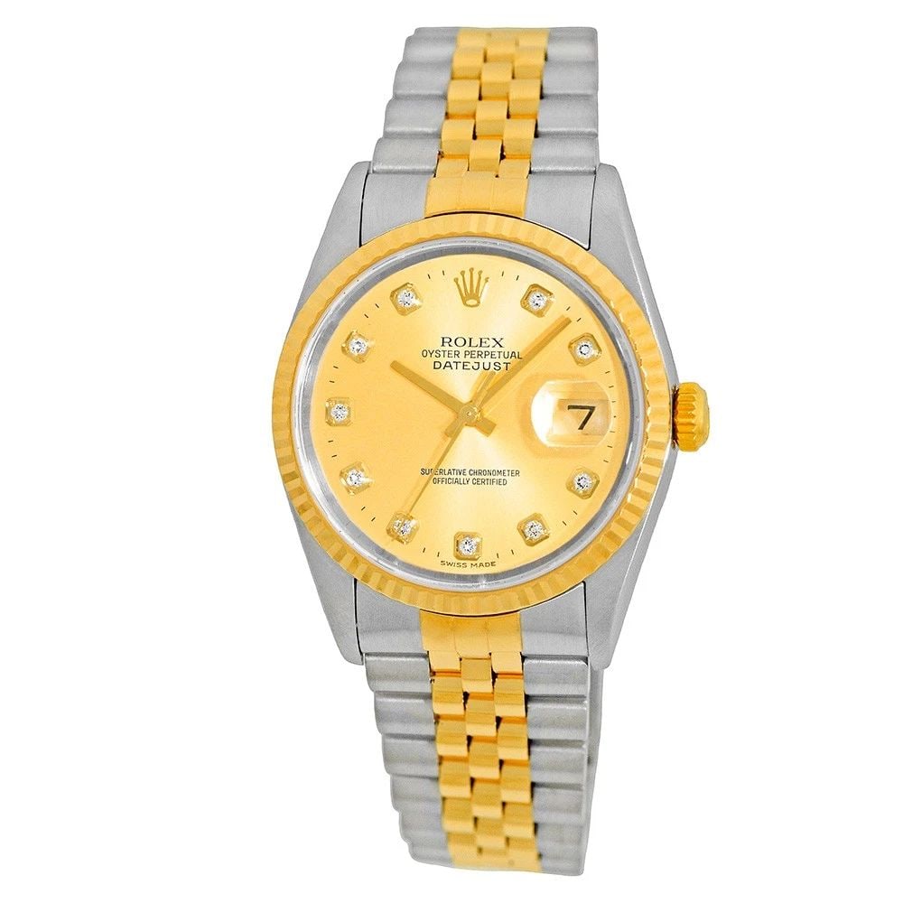 ROLEX STAINLESS STEEL & 18K YELLOW GOLD 36MM DATEJUST 16233 BOX WARRANTY: ROLEX STAINLESS STEEL & 18K YELLOW GOLD 36MM DATEJUST 16233 BOX WARRANTY BRAND: Rolex Model: Datejust Reference No: 16233 Gender: Gent’s Movement: Handmade Swiss Chronometer Certified (COSC) Automat