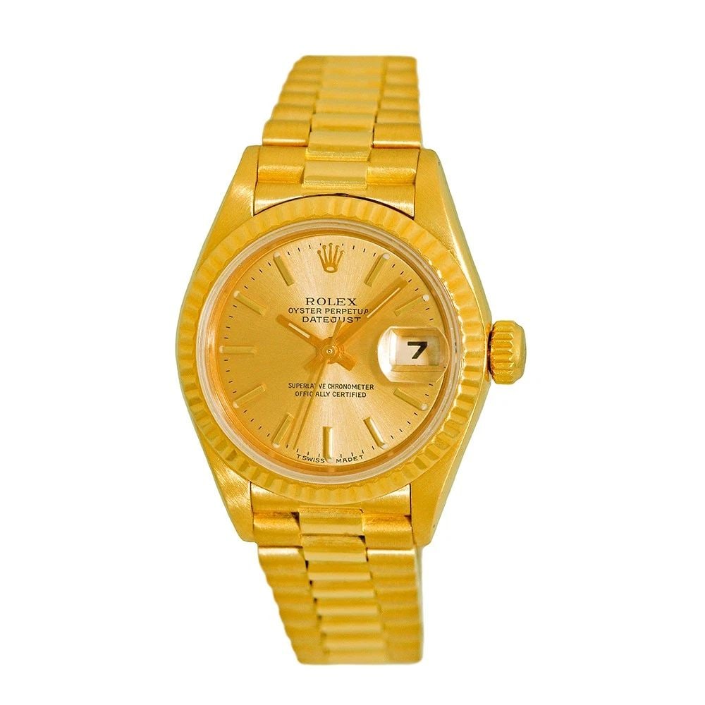 ROLEX LADY'S 18K YELLOW GOLD 26MM PRESIDENT 6917 WARRANTY BOX MINTY: ROLEX LADY'S 18K YELLOW GOLD 26MM PRESIDENT 6917 WARRANTY BOX MINTY BRAND: Rolex Model: President Reference No: 6917 Case Measurements: Case Diameter: 26mm Case Thickness: 10.5mm Water Resistance: 100