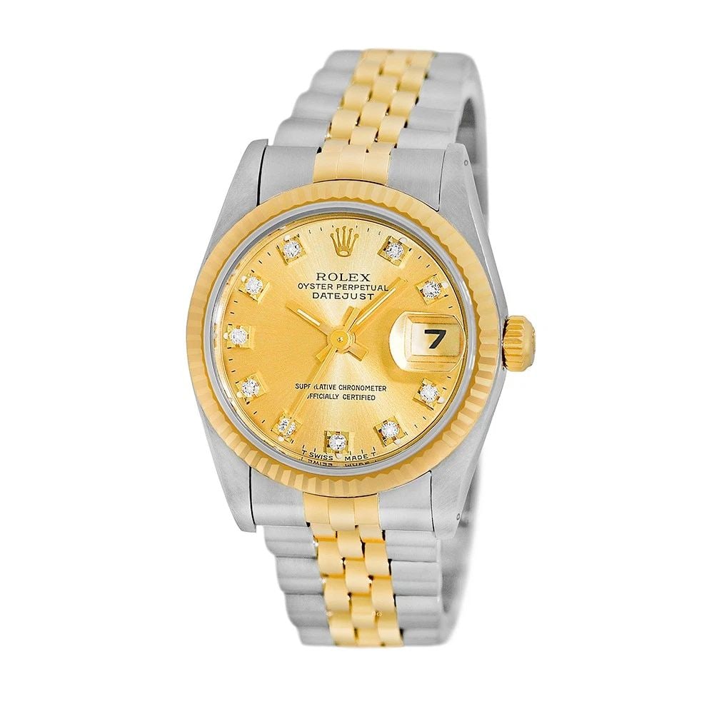 ROLEX STAINLESS STEEL & 18K YELLOW GOLD 31MM DATEJUST 68273 BOX WARRANTY: ROLEX STAINLESS STEEL & 18K YELLOW GOLD 31MM DATEJUST 68273 BOX WARRANTY BRAND: Rolex Model: Datejust Reference No: 68273 Case Measurements: Case Diameter: 31mm Case Thickness: 10.75mm Water Resistanc