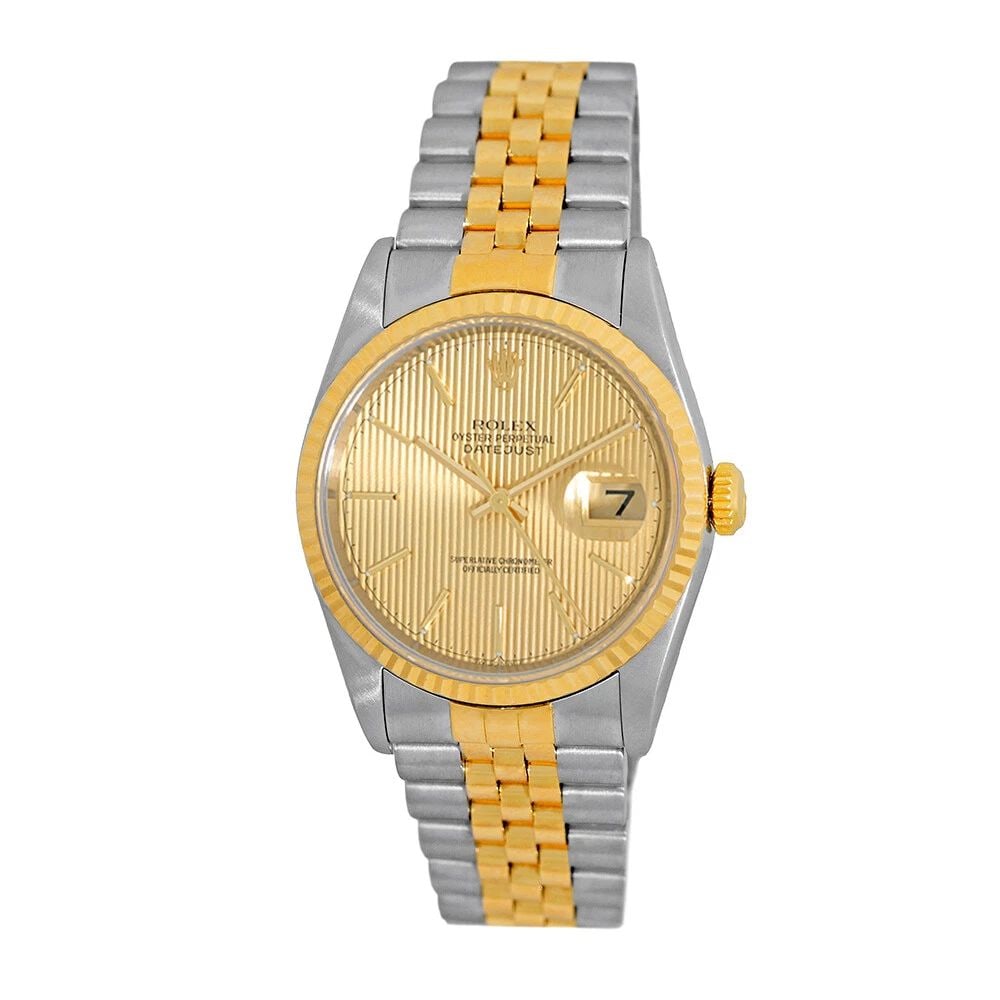 ROLEX STAINLESS STEEL & 18K YELLOW GOLD 36MM DATEJUST 16233 BOX WARRANTY MINTY: ROLEX STAINLESS STEEL & 18K YELLOW GOLD 36MM DATEJUST 16233 BOX WARRANTY MINTY Brand: Rolex Model: Datejust Reference No: 16233 Gender: Gent’s Movement: Handmade Swiss Chronometer Certified (COSC) A