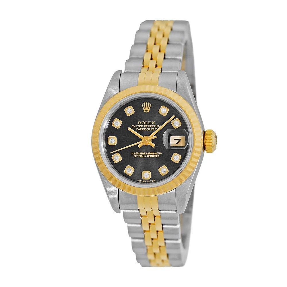 ROLEX STAINLESS STEEL & 18K YELLOW GOLD 26MM DATEJUST 69173 BOX WARRANTY MINTY: ROLEX STAINLESS STEEL & 18K YELLOW GOLD 26MM DATEJUST 69173 BOX WARRANTY MINTY ROLEX Stainless Steel & 18K Yellow Gold 26mm Datejust Factory Diamond Dial 69173 Box Warranty Pre-Owned Lady's Stainless 