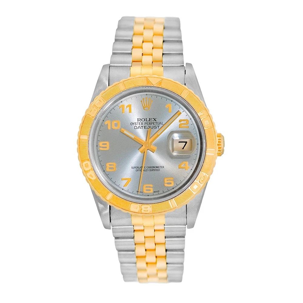 ROLEX STAINLESS STEEL & 18K YELLOW GOLD 36MM DATEJUST TURN-O-GRAPH 16263 BOX: ROLEX STAINLESS STEEL & 18K YELLOW GOLD 36MM DATEJUST TURN-O-GRAPH 16263 BOX BRAND: Rolex Model: Datejust Turn-O-Graph "Thunderbird" Reference No: 16263 Gender: Gent’s Movement: Handmade Swiss Chron