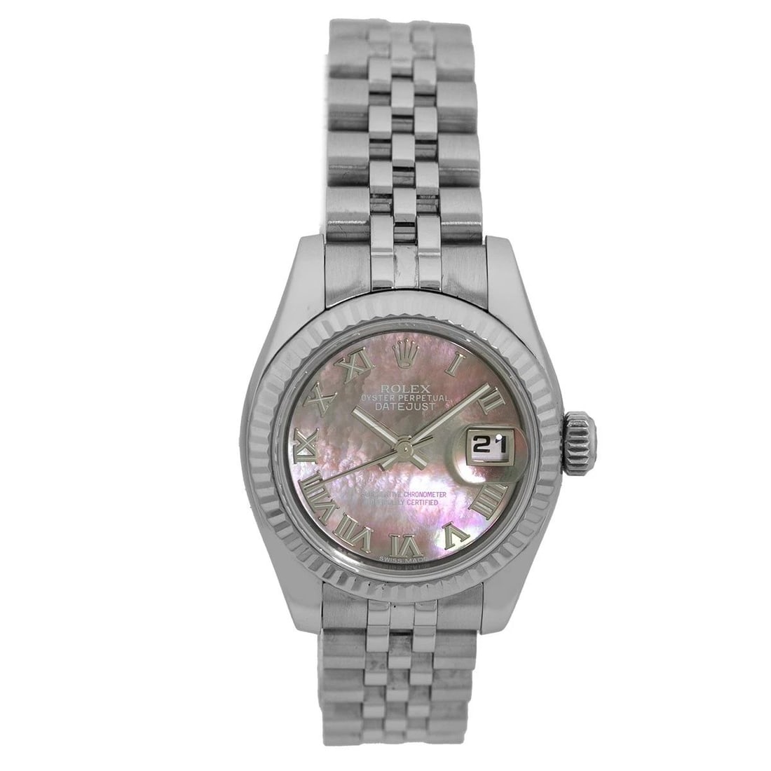 ROLEX LADY'S STAINLESS STEEL 26MM DATEJUST 179174 MOTHER OF PEARL BOX WARRANTY: ROLEX LADY'S STAINLESS STEEL 26MM DATEJUST 179174 MOTHER OF PEARL BOX WARRANTY BRAND: Rolex Model: Datejust Reference No: 179174 Case Measurements: Case Diameter: 26mm Case Thickness: 10mm Water Resis