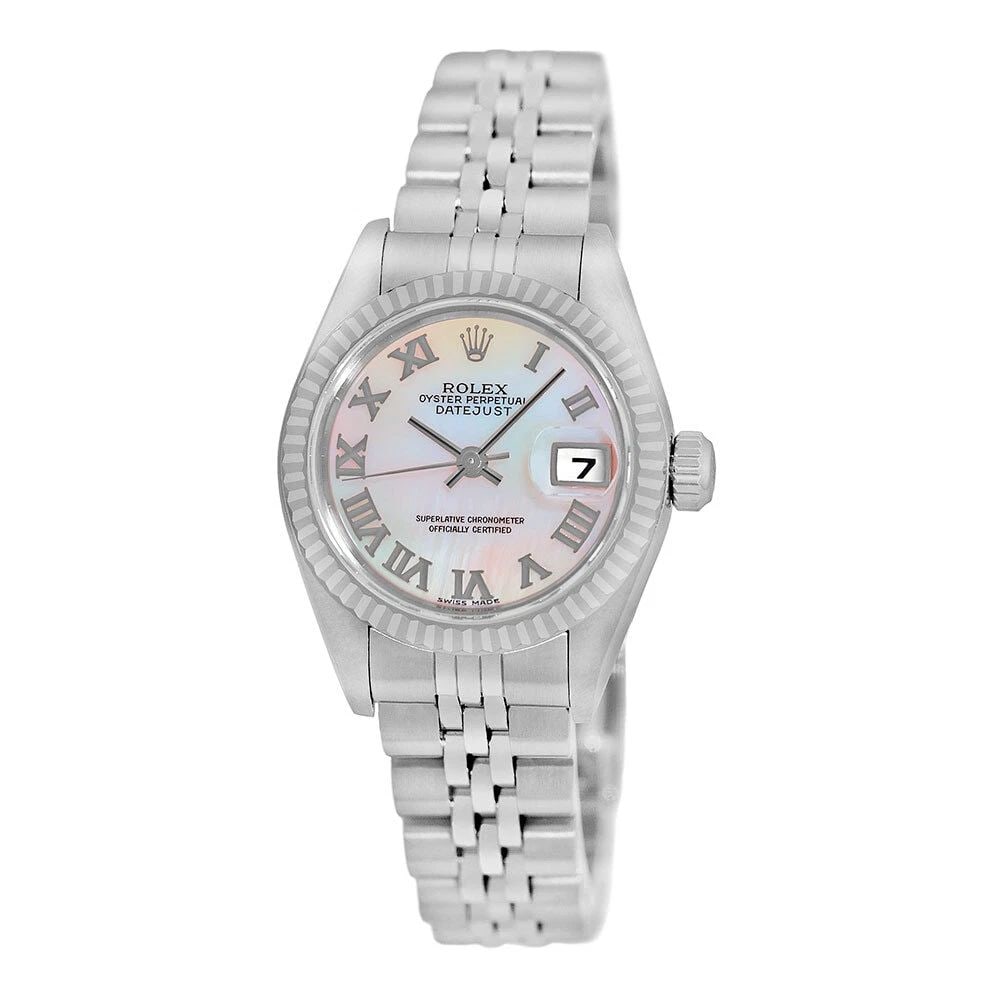ROLEX STAINLESS STEEL 26MM MOTHER OF PEARL DATEJUST 79174 BOX MINTY WARRANTY: ROLEX STAINLESS STEEL 26MM DATEJUST 79174 BOX MINTY WARRANTY ROLEX Stainless Steel 26mm Datejust 79174 Box MINTY Warranty Pre-Owned Lady's Stainless Steel 26mm Rolex "Datejust" Brand: Rolex Model: Dat