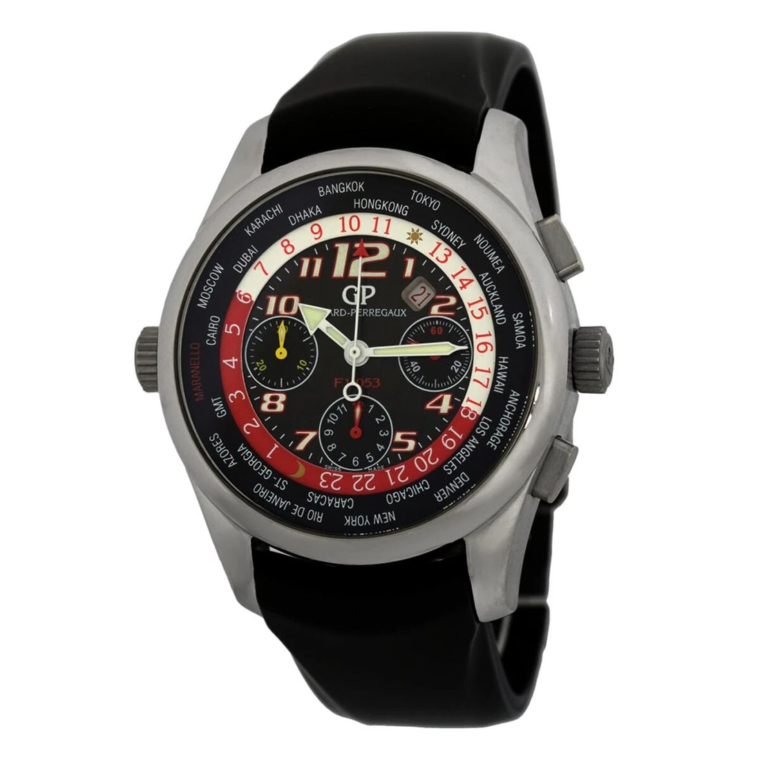 GIRARD PERREGAUX TITANIUM 43MM WORLD TIME CHRONOGRAPH FERRARI 49800 BOX WARRANTY: GIRARD PERREGAUX TITANIUM 43MM WORLD TIME CHRONOGRAPH FERRARI 49800 BOX WARRANTY GIRARD PERREGAUX Titanium 43mm Girard Perregaux World Time Chronograph Ferrari Automatic # 49800 Gent's Titanium 43mm G