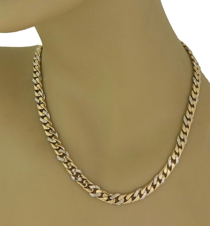 BVLGARI NY GOLD CURB LINK CHAIN 18K TWO TONE FLAT LINKS 78GR 17"L: This classic style authentic chain is by Bvlgari NY. It is crafted from 18k yellow and white gold featuring flat set of 2 yellow gold curb link chain which alternates with a slightly larger white curb