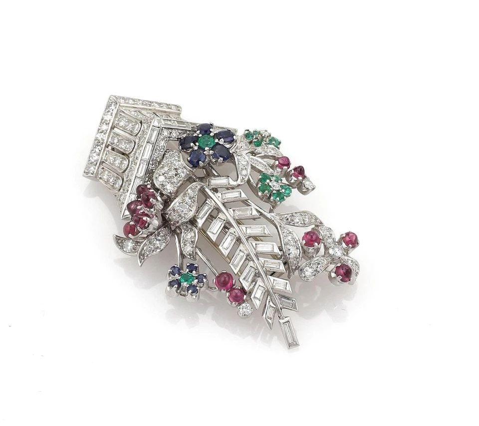 ESTATE 5.71CT DIAMOND & GEMS PLATINUM FLOWER BASKET BROOCH PIN: ESTATE 5.71CT DIAMOND & GEMS PLATINUM FLOWER BASKET BROOCH PIN Estate 5.71ct Diamond & Gems Platinum Flower Basket Brooch Pin Description This is a breathtaking flower basket brooch. The piece is exqu