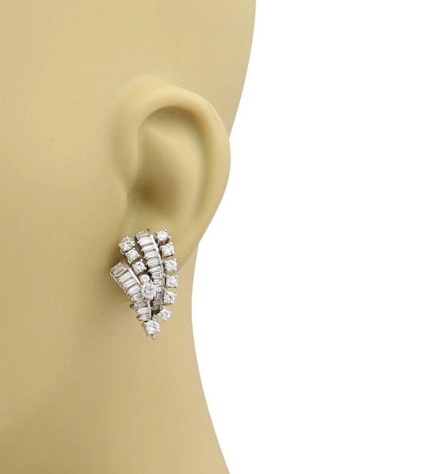 VINTAGE 5CT DIAMOND PLATINUM 4 ROWS FANCY POST CLIP EARRINGS (1 of 1)