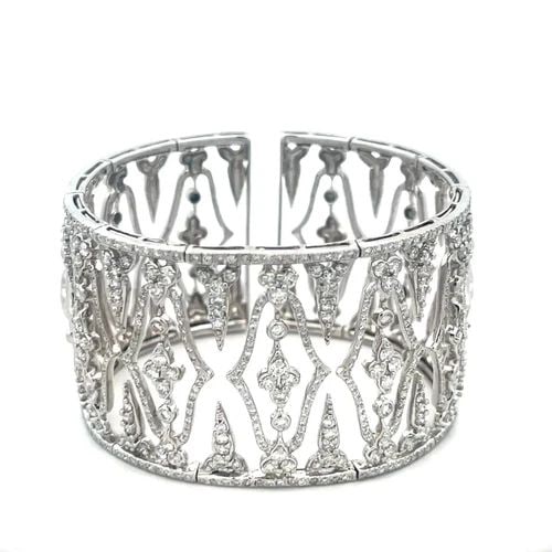DIAMOND GOLD LUXURY BRACELET 18K WHITE LATTICE DESIGN WIDE FLEX CUFF BAND: Add this stunning wide luxury diamond bracelet to your collection It is a piece that marries elegance with modern design. Cast in 18k white gold, this cuff band boasts a sophisticated open style latti