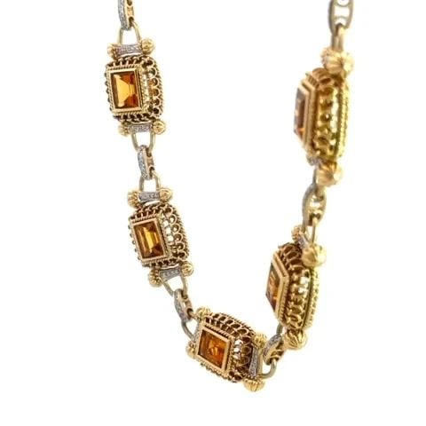 DIAMOND CITRINE 14K NECKLACE STEP CUT RECTANGLE MOTIF HEAVY YELLOW GOLD: DIAMOND CITRINE 14K NECKLACE STEP CUT RECTANGLE MOTIF HEAVY YELLOW GOLD This is a fabulous 14k yellow gold necklace featuring 13 rectangle shape ornate design motifs, each with a rectangle shape bezel