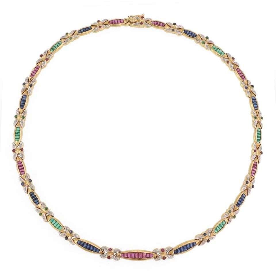 RUBY SAPPHIRE EMERALD GOLD NECKLACE 18K DIAMOND MULTICOLOR GEMS FANCY LINK: 18k Gold 13.15ct Diamond Multicolor Gems Fancy Link Necklace Description This lovely necklace is crafted from 18k yellow gold with white gold accent featuring long to short marquee shape links which a