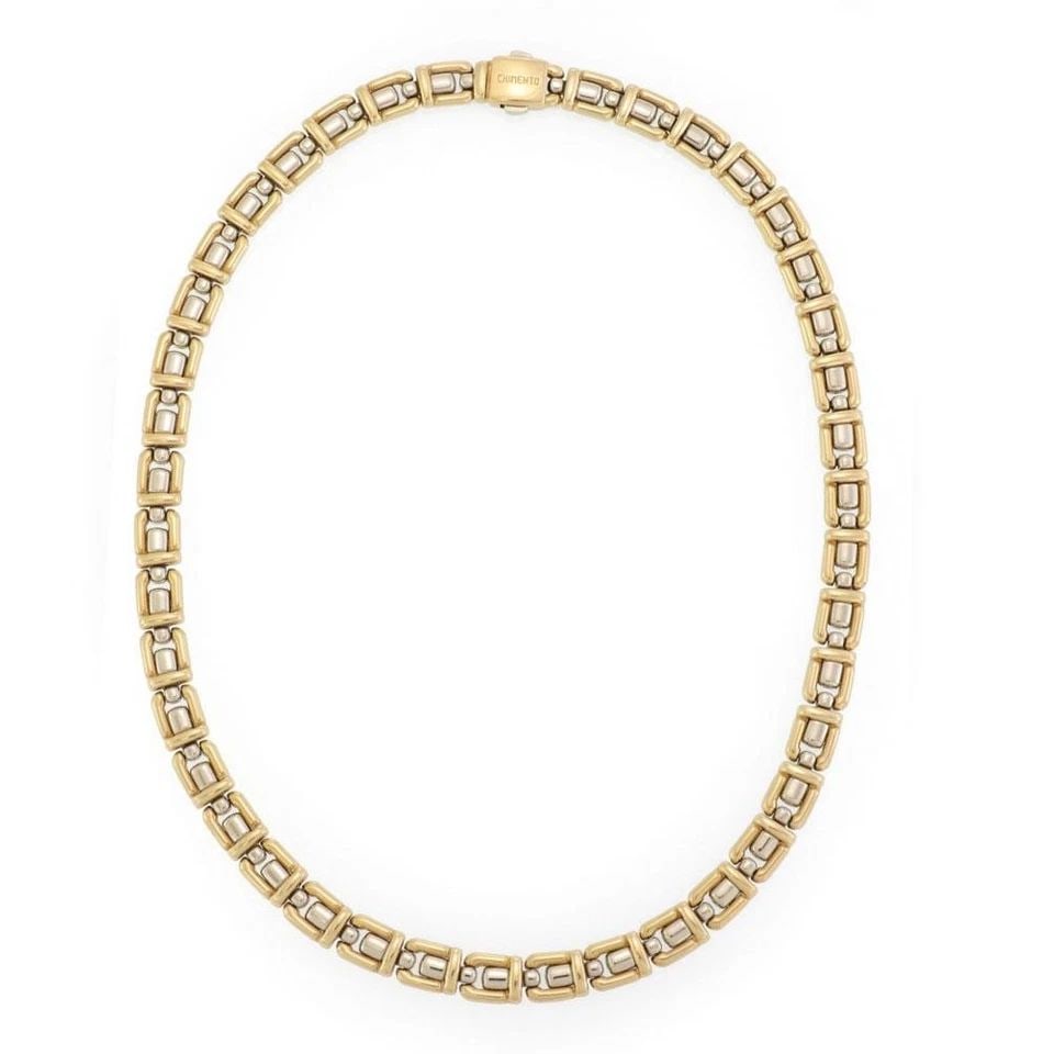 CHIMENTO 18K TWO TONE GOLD 8MM WIDE FANCY LINK COLLAR NECKLACE: Chimento 18k Two Tone Gold 8mm Wide Fancy Link Collar Necklace Description This lovely authentic collar necklace is by Chimento, crafted from 18k yellow and white gold featuring an 8mm width and yello