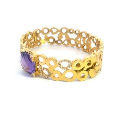 ROBERTO COIN DIAMOND AMETHYST BRACELET 18K YELLOW GOLD CUTOUT DESIGN: ROBERTO COIN DIAMOND AMETHYST BRACELET 18K YELLOW GOLD CUTOUT DESIGN This is a gorgeous authentic bracelet by Roberto Coin, crafted from 18k yellow gold featuring double row with hearts and circle cut