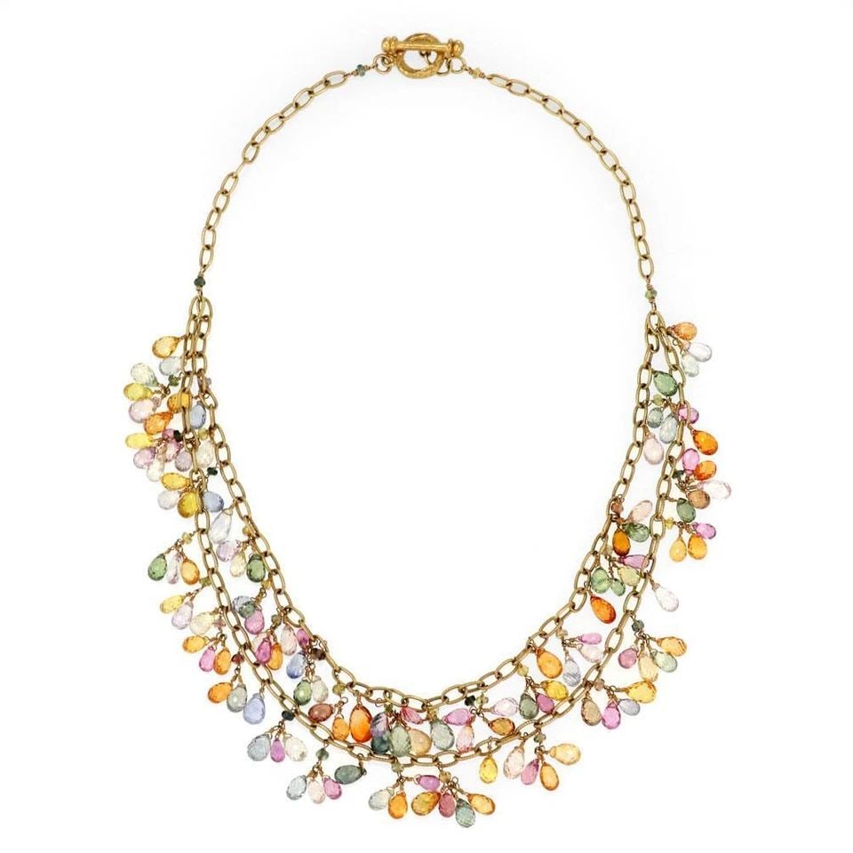 18K YELLOW GOLD 147.50CT MULTICOLOR SAPPHIRE 2 LAYER BEADED NECKLACE: 18K YELLOW GOLD 147.50CT MULTICOLOR SAPPHIRE 2 LAYER BEADED NECKLACE 18k Yellow Gold 147.50ct Multicolor Sapphire 2 Layer Beaded Necklace Description This is a gorgeous double layer cluster beaded nec