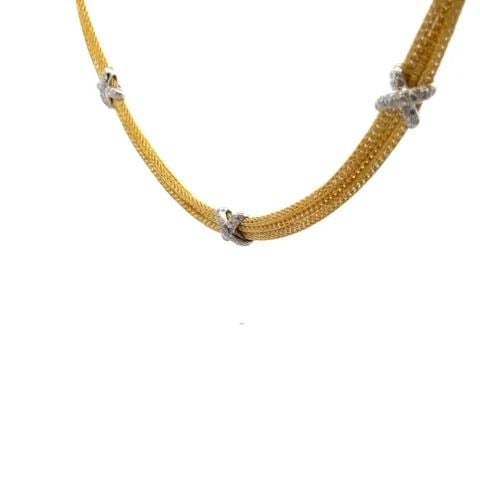 DIAMOND 18K GOLD NECKLACE TRIPLE STRAND X MOTIFS MESH CHAIN: DIAMOND 18K GOLD NECKLACE TRIPLE STRAND X MOTIFS MESH CHAIN This lovely collar necklace is crafted from 18k yellow gold with white gold accent. It features triple mesh link chain with slide clasp and 