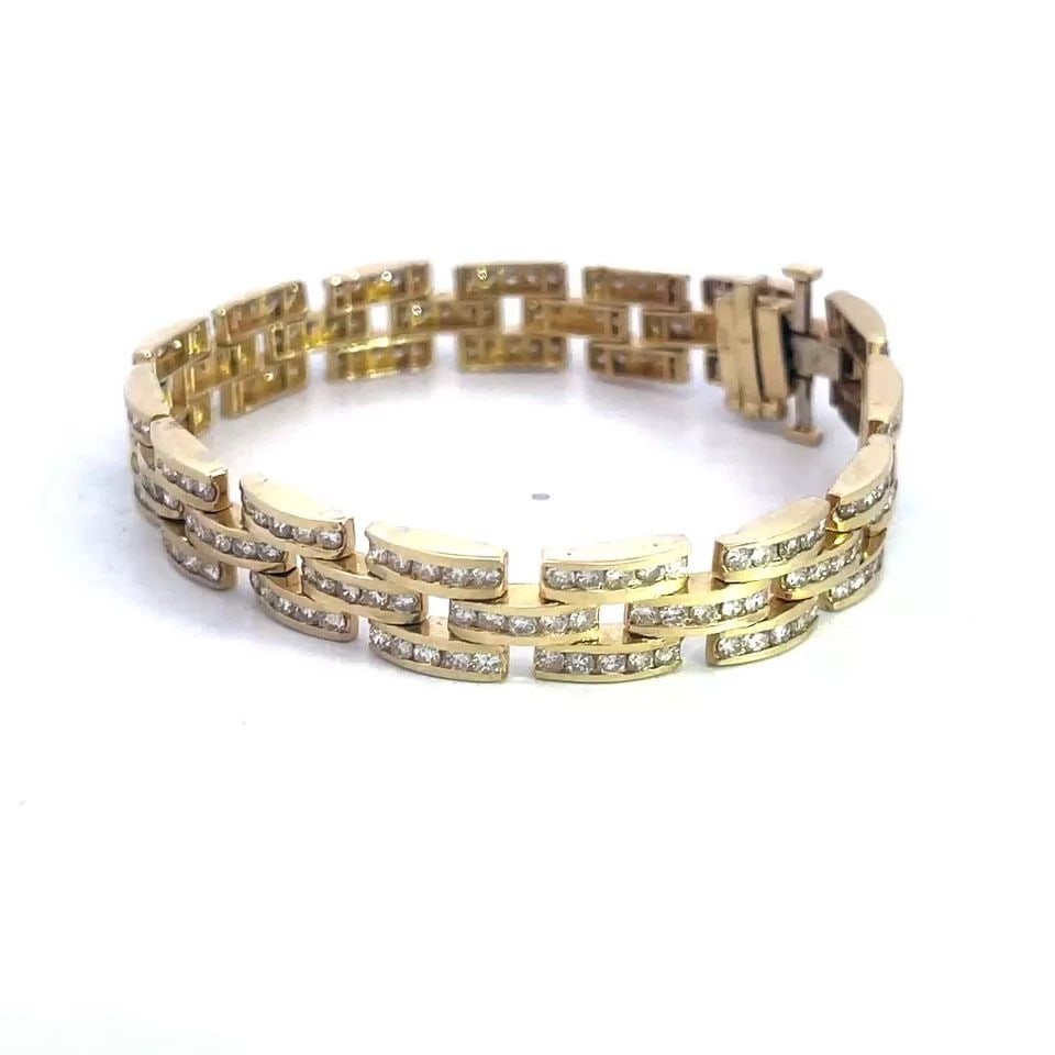 PANTHER LINK GOLD BRACELET 9 CARATS DIAMOND FULL CIRCLE 14K YELLOW: This is a stunning panther link bracelet, it is crafted from 14k yellow gold featuring triple row curved bars, each bar has 5 round cut channel set sparkling diamonds, all with an approximate weight o