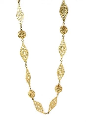 VINTAGE 18K YELLOW GOLD FILIGREE BALL RHOMBUS LINK NECKLACE 34" 55G - (1 of 2)
