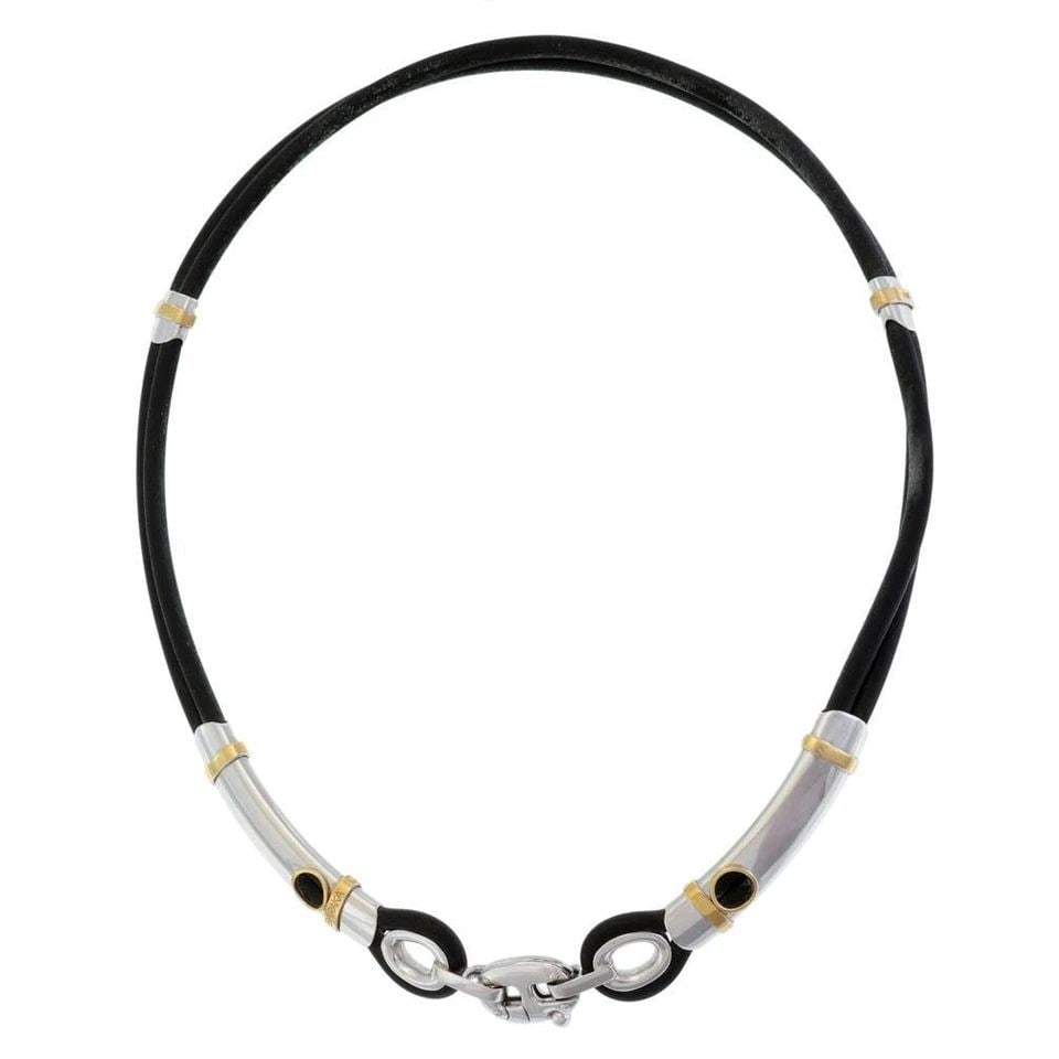 BARAKA ITALY 18K TWO TONE GOLD RUBBER COLLAR NECKLACE -: BARAKA ITALY 18K TWO TONE GOLD RUBBER COLLAR NECKLACE - Baraka Italy 18k Two Tone Gold Rubber Collar Necklace - Description This authentic collar necklace is by Italian designer Baraka, crafted from 1