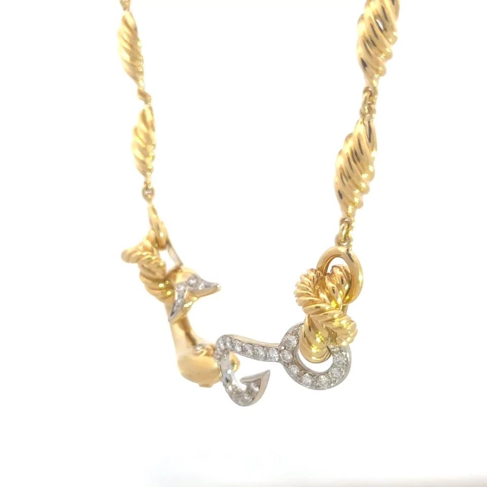 DIAMOND GOLD FISH NECKLACE 14K TWO TONE SEA LIFE SHELL LINK CHAIN: DIAMOND GOLD FISH NECKLACE 14K TWO TONE SEA LIFE SHELL LINK CHAIN This gorgeous nautical necklace is crafted from 14k yellow gold with white gold accent in a polished finish. The pendant features a ye