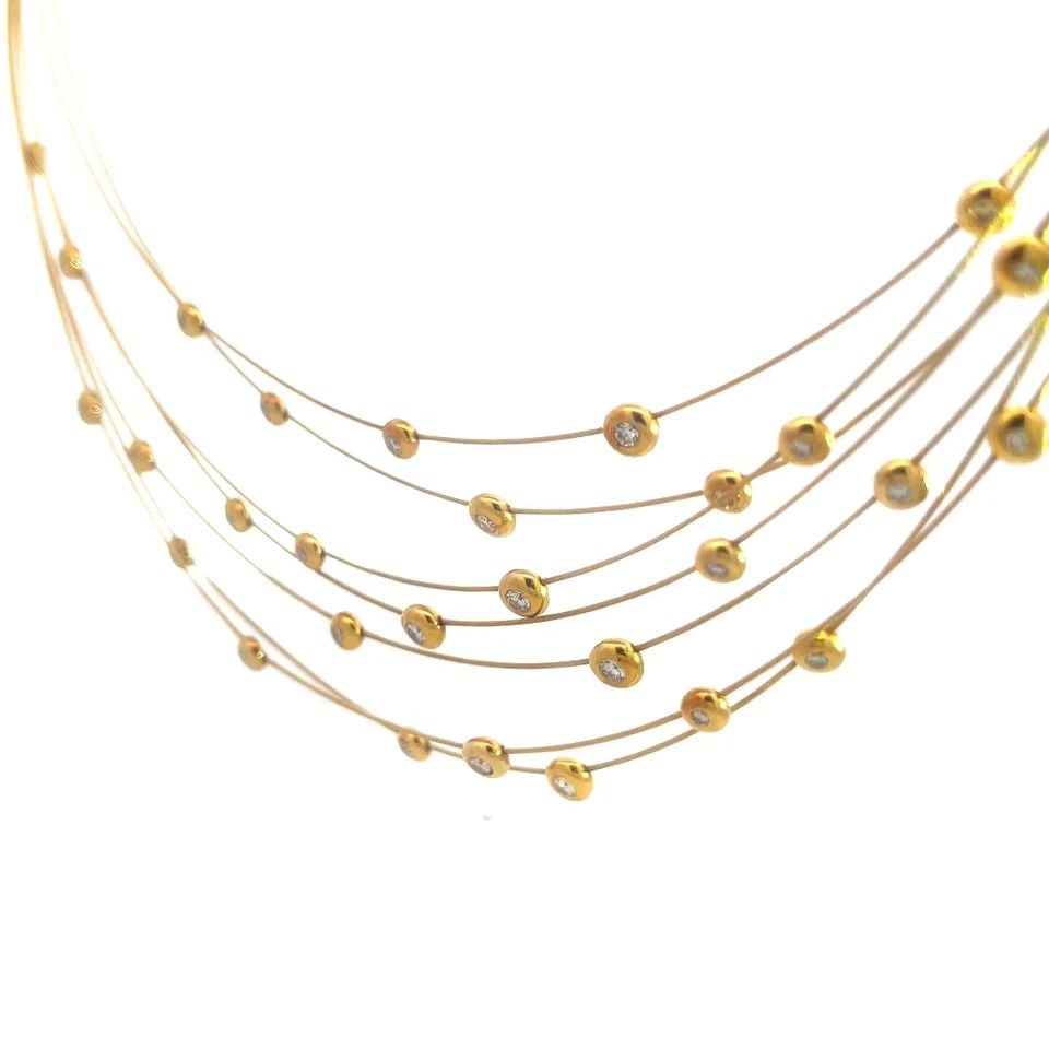 GOLD 18K BIB NECKLACE DIAMOND CABLE LAYERED STYLE 7 STRAND BEAD MOTIFS (1 of 1)