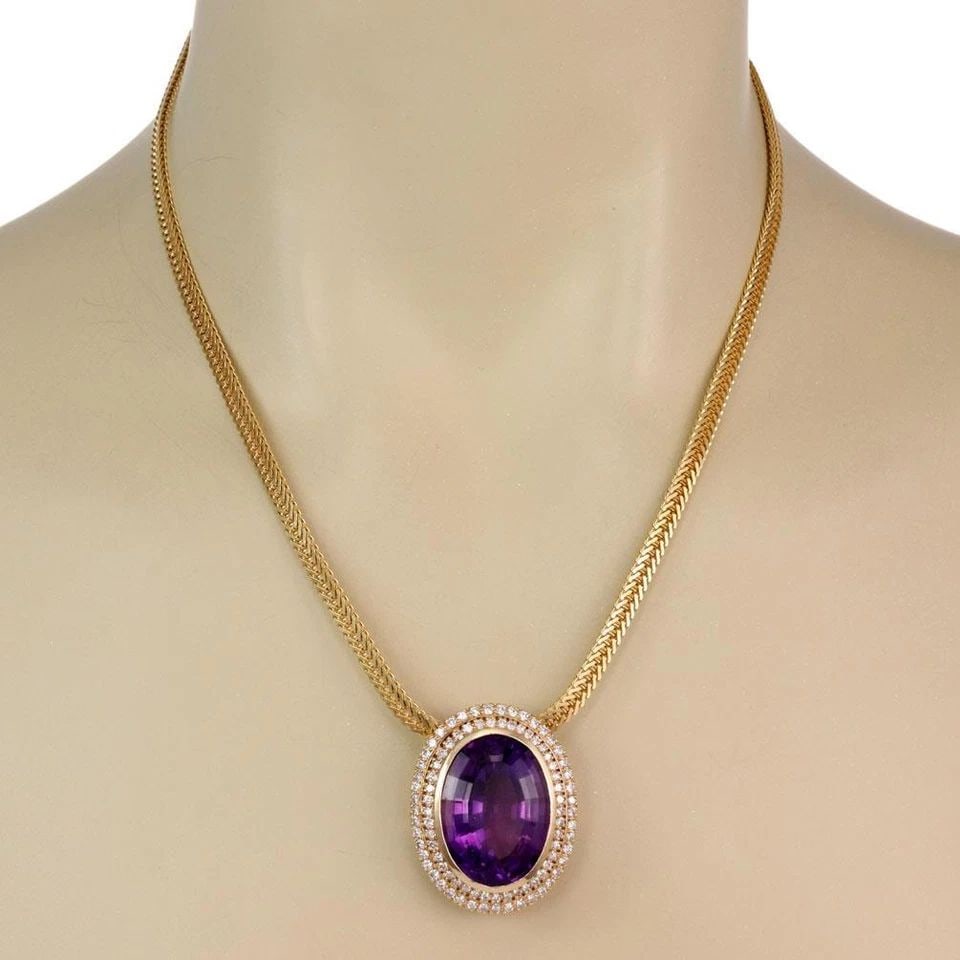 ESTATE 21.40CT DIAMOND AMETHYST 14K GOLD OVAL SLIDE PENDANT CHAIN: ESTATE 21.40CT DIAMOND AMETHYST 14K GOLD OVAL SLIDE PENDANT CHAIN Estate 21.40ct Diamond Amethyst 14k Gold Oval Slide Pendant Chain Description This gorgeous Estate pendant and chain is crafted from 1