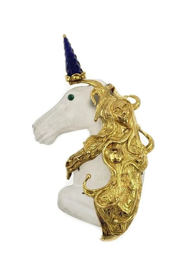 ART NOUVEAU CAMPHOR GLASS LAPIS EMERALD 14K GOLD UNICORN BROOCH: ART NOUVEAU CAMPHOR GLASS LAPIS EMERALD 14K GOLD UNICORN BROOCH Art Nouveau Camphor Glass Lapis Emerald 14k Gold Unicorn Brooch Description This is an impressive Art Nouveau brooch, it is large with a