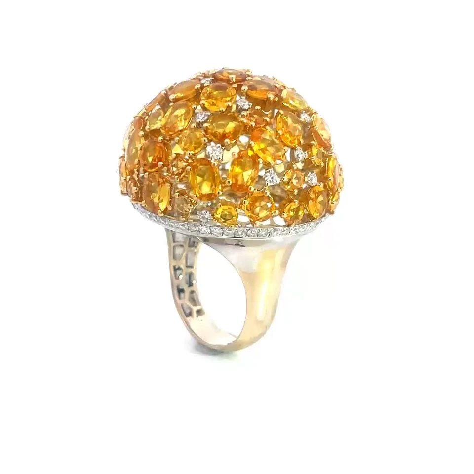 DIAMOND YELLOW SAPPHIRE GOLD RING 18K TWO TONE LARGE DOME TOP: DIAMOND YELLOW SAPPHIRE GOLD RING 18K TWO TONE LARGE DOME TOP This is an impressive large dome-shaped mesh ball top with assorted shape yellow sapphires in yellow gold prongs and is accented with diam