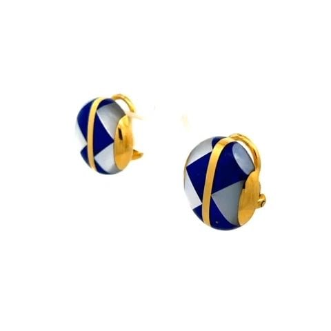 TIFFANY & CO. LAPIS MOP EARRINGS 18K YELLOW GOLD BUTTON SHAPE INLAID: TIFFANY & CO. LAPIS MOP EARRINGS 18K YELLOW GOLD BUTTON SHAPE INLAID This elegant pair of earrings are from Tiffany & Co. They are crafted from 18k yellow gold featuring an 18mm round button shape wit